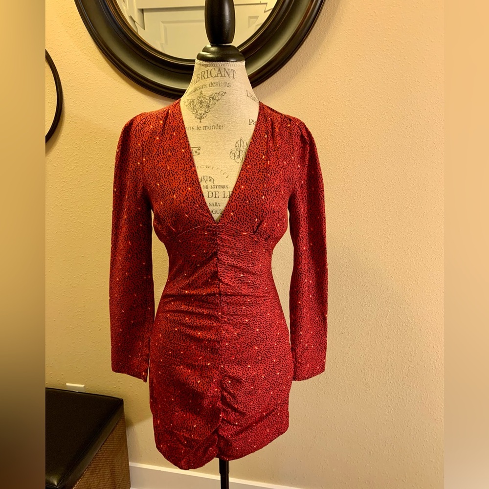 LN ZARA RUCHED FRONT DRESS. FULLY LINED. HIDDEN BACK ZIPPER. DRESS IS FITTED.